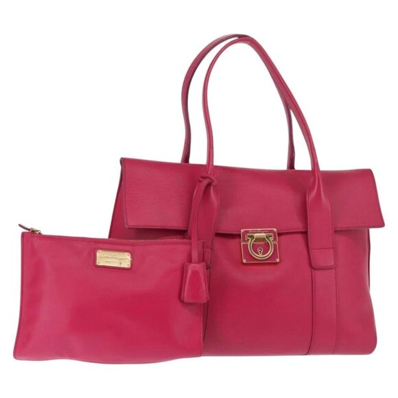 Salvatore Ferragamo Gancini Hand Bag Leather Pink Gold